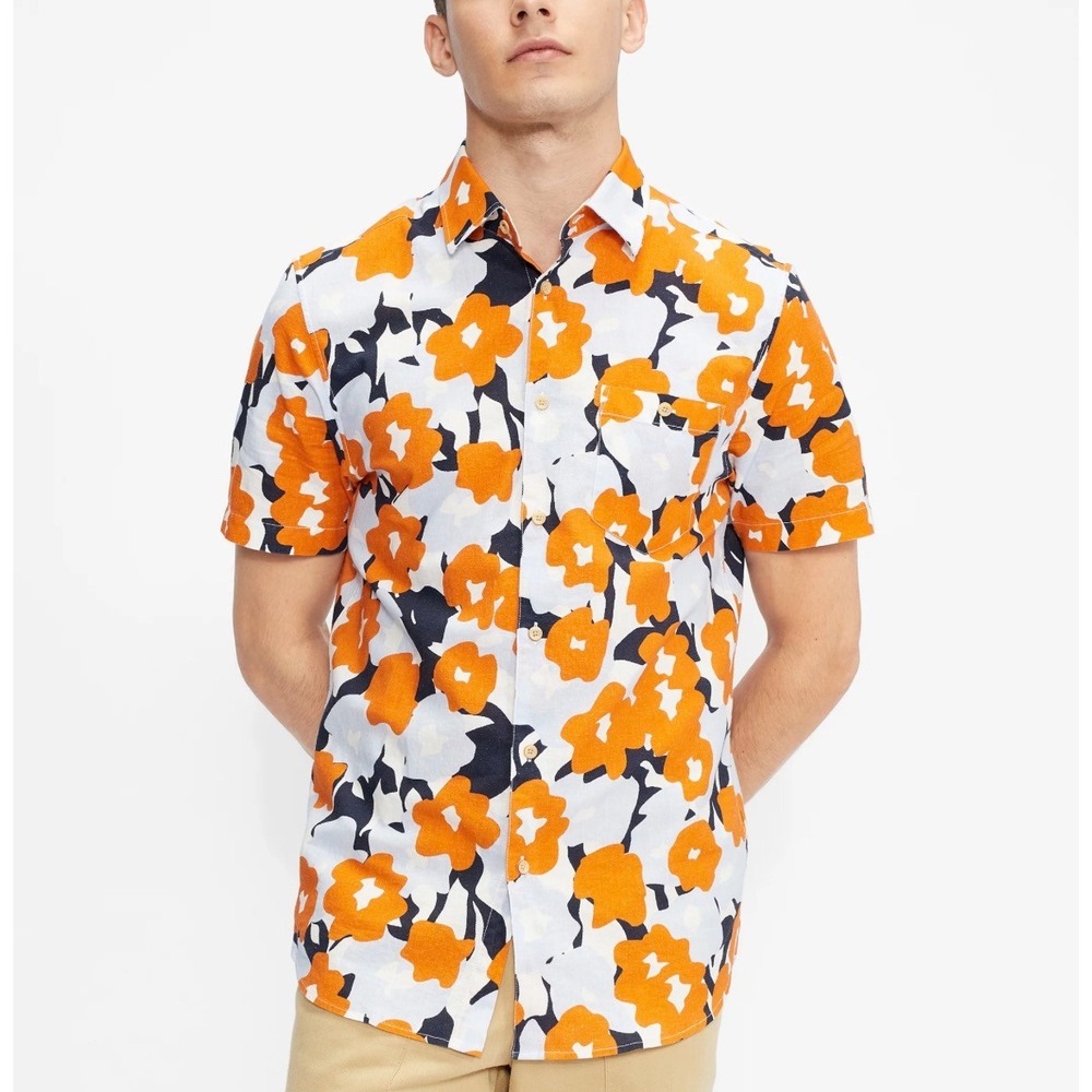 Ted Baker London MMA-AWARDS Orange Floral Cotton Linen Short Sleeve Shirt Size 4